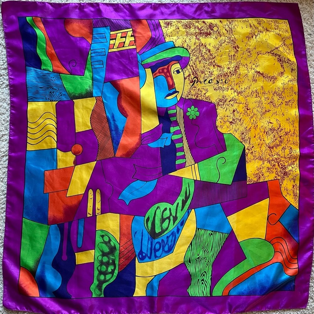 Picasso RARE 80’s cubism purple yellow green satin scarf